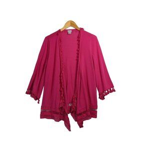 Chicos‎ 1 Cardigan Sweater Womens M Pink Tassel Trim Open Front Cotton Blend